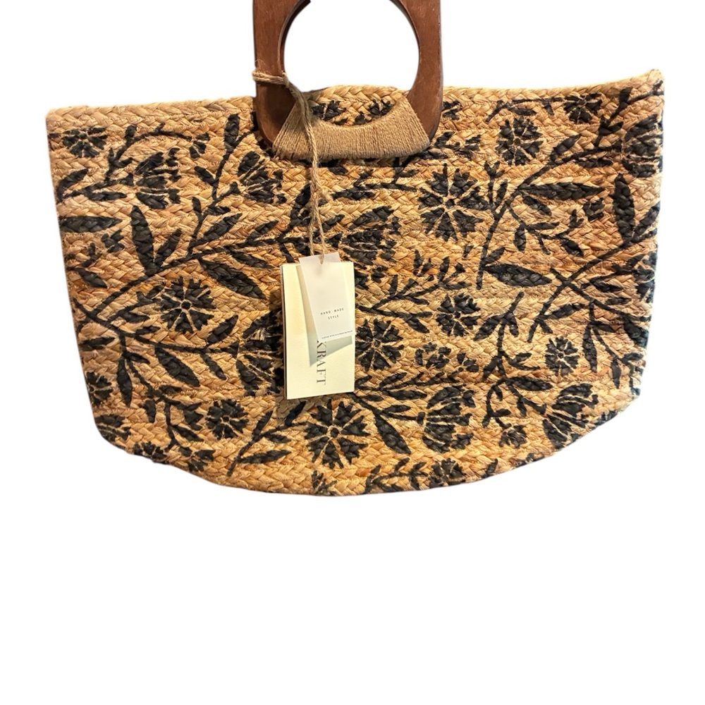 Antik Kraft Floral Patterned Tan and Navy Women Bag